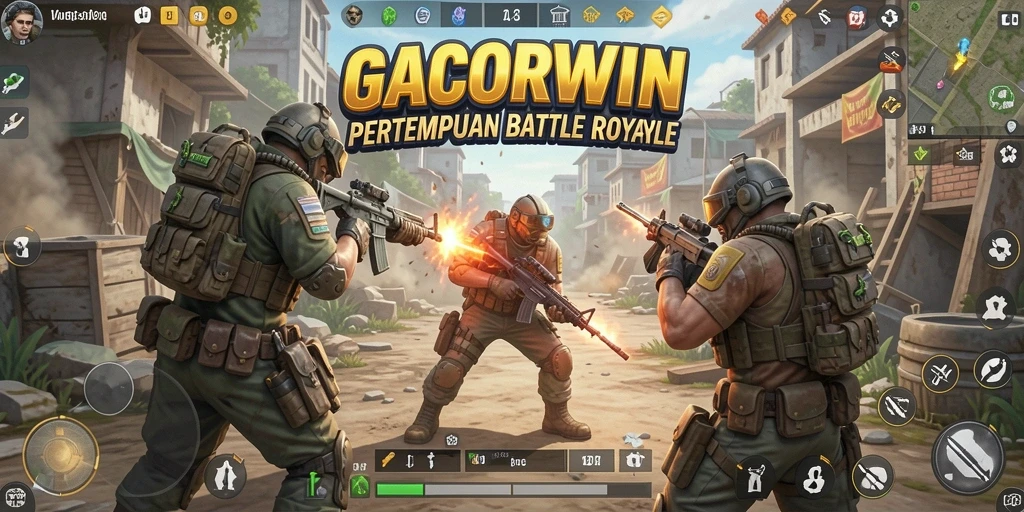 Gambar tampilan gameplay GACORWIN yang penuh aksi dan strategi Battle Royale.