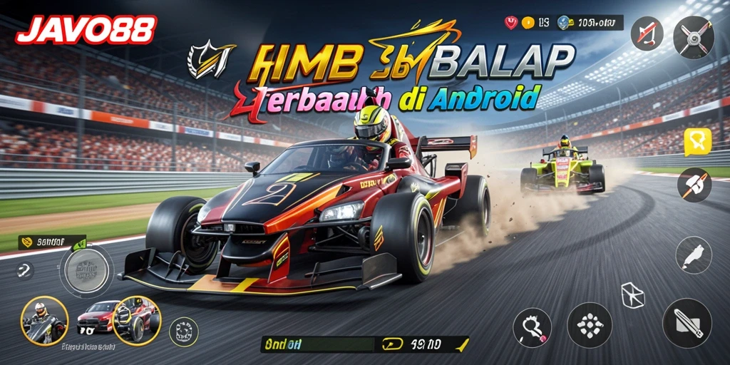 Tampilan utama gameplay balap di JAVO88 dengan kendaraan dan lintasan menarik.