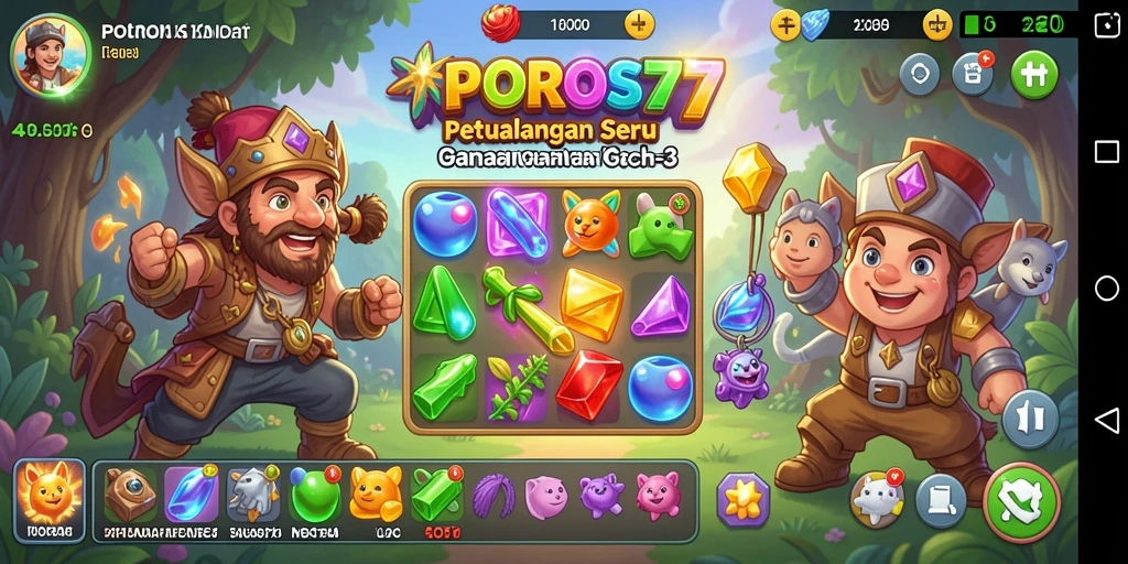 Tampilan menarik dari gameplay POROS77 saat mencocokkan permata.