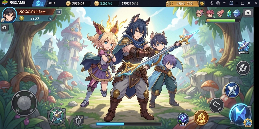 Screenshot utama RPGAME menampilkan karakter anime dalam pertarungan epik.